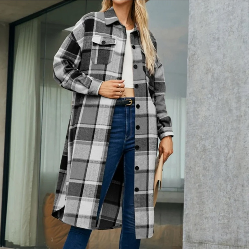 •L.I.F.E.•BLACK & WHITE PLAID FLANNEL BUTTON TUNIC SHIRT DRESS SIZE MEDIUM